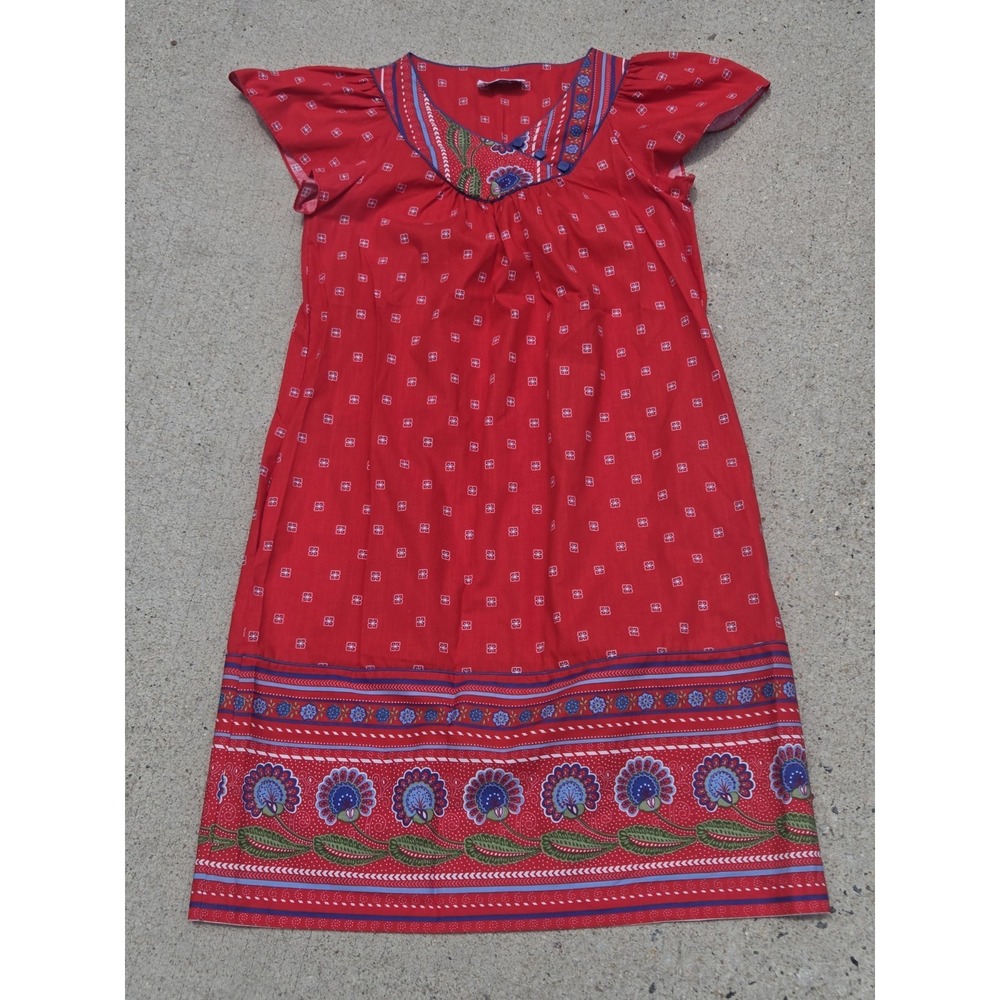 1970s Red‎ House Dress Button Accent Pockets Tom Bezduda Floral Mod Hippie